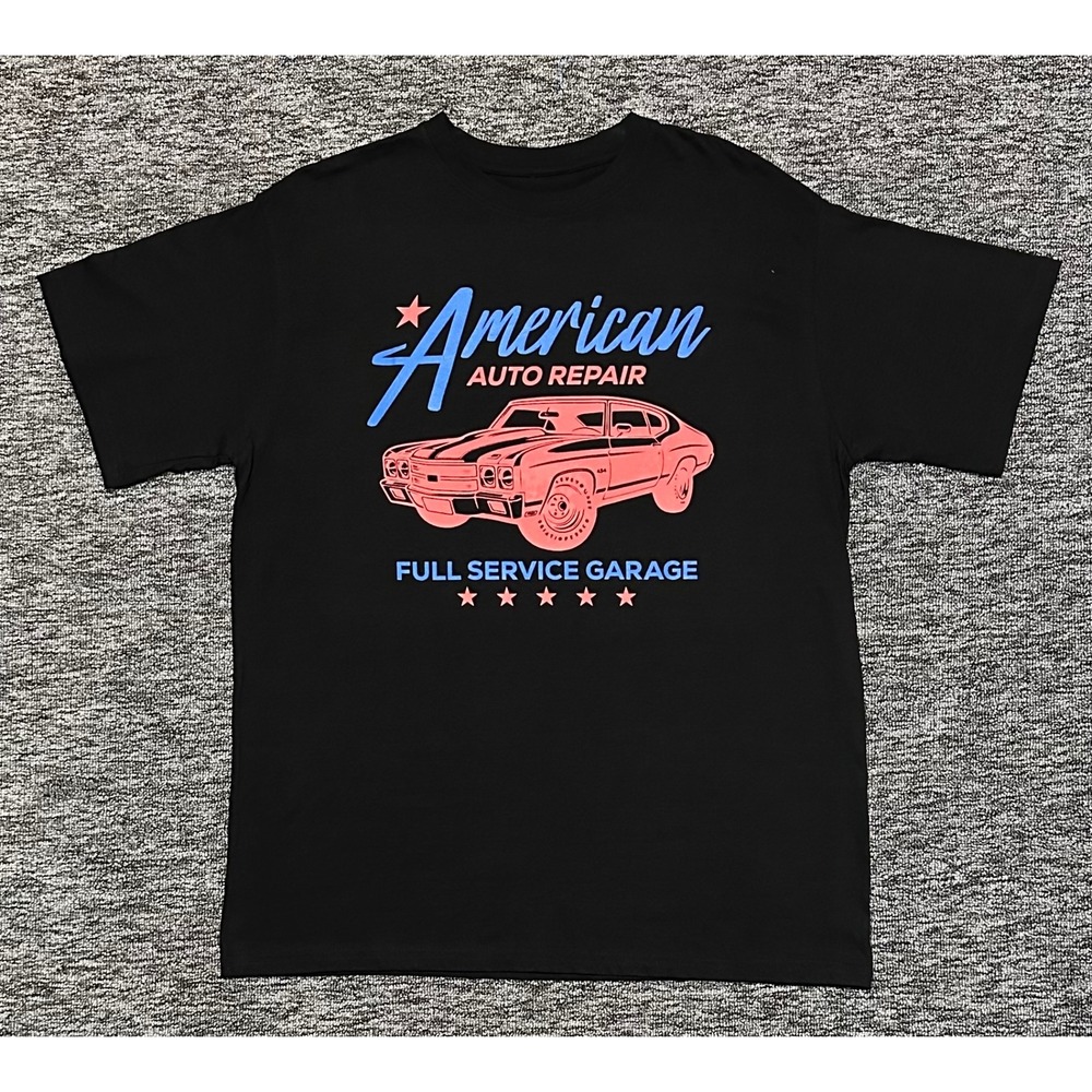 MiKEN Mens Large Black American Auto Repair Muscle Car Retro Graphic Shirt NWOT